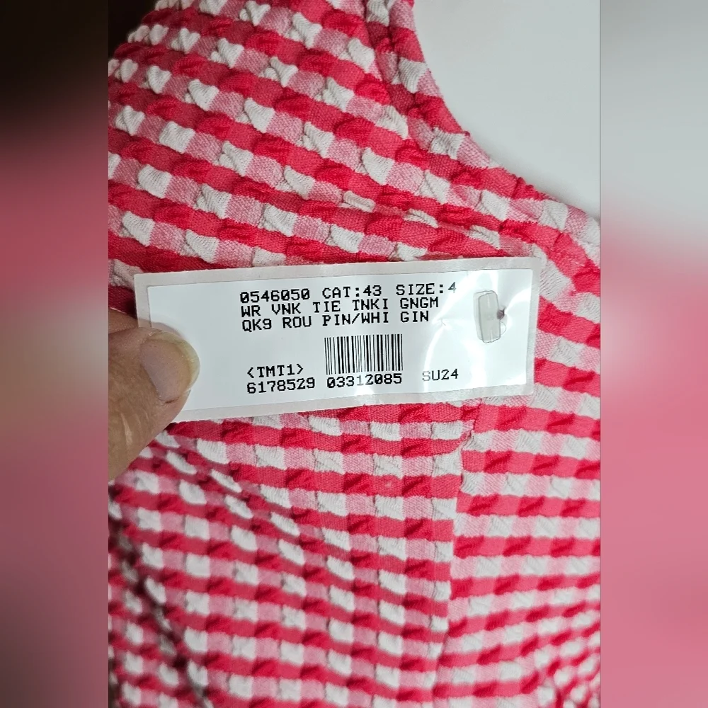 Lands' End Tankini Tie Strap V Neck Neck Pink Gingham Women's NWT 4